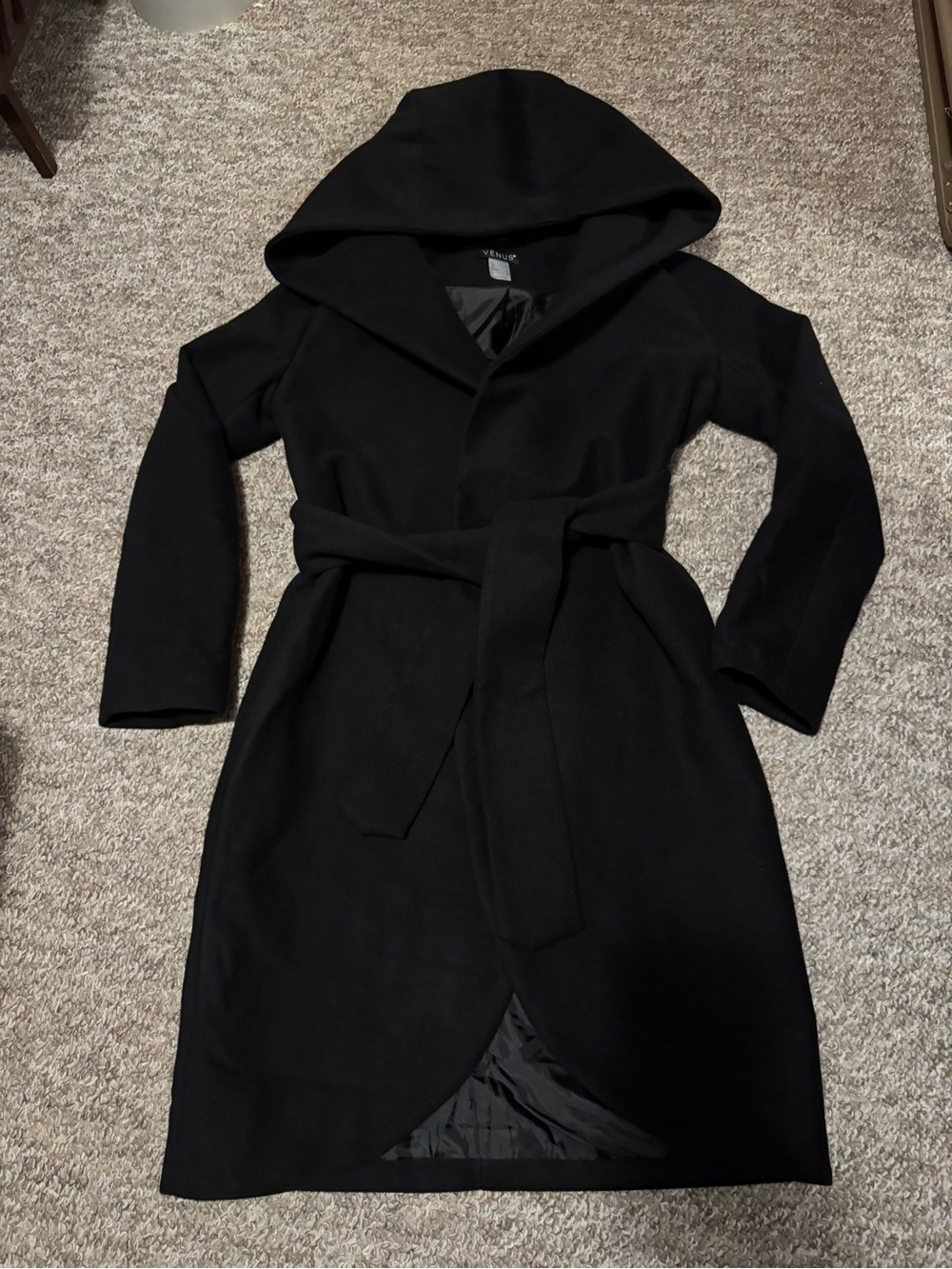 VENUS Black Hooded Wrap Trench Coat with Belt